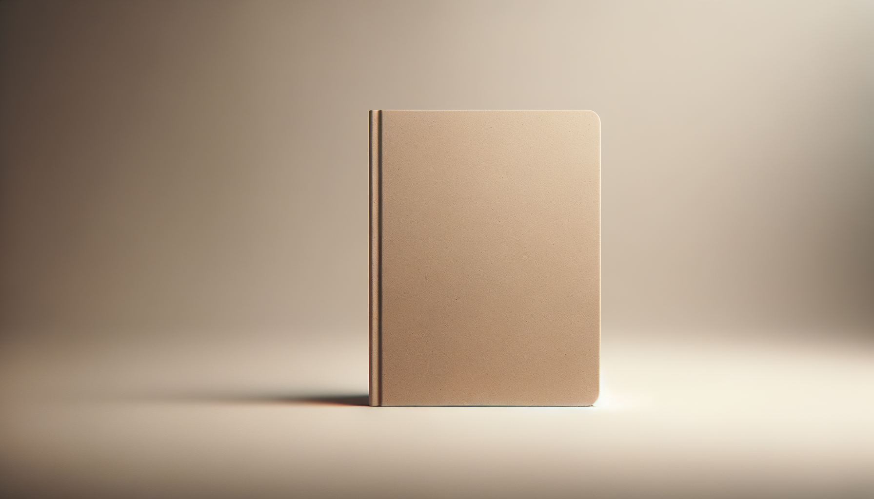 A beige hardcover notebook standing upright on a neutral background with soft lighting.