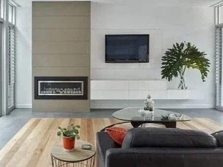 Modern living room with a wall-mounted TV, fireplace, potted plant, coffee table, and black sofa.