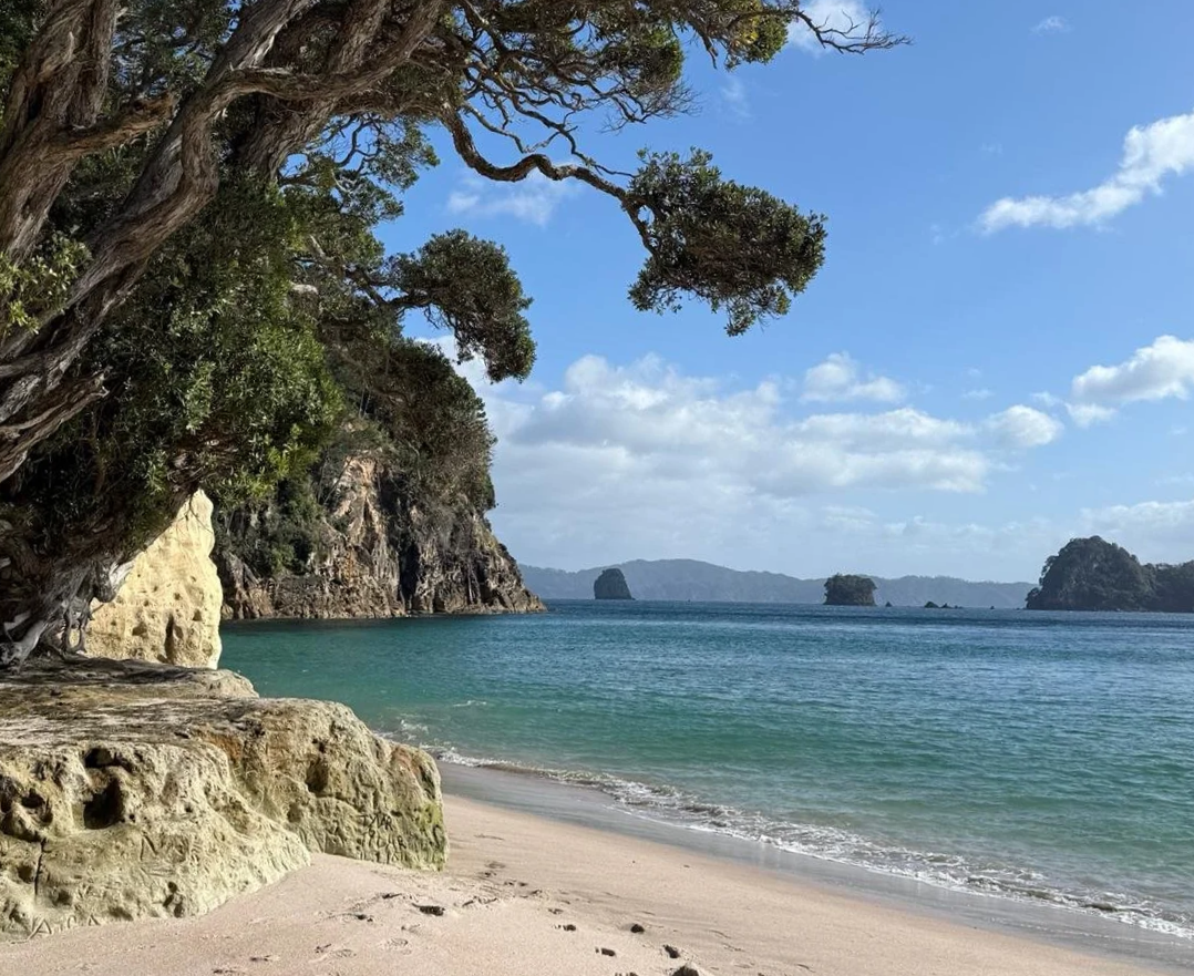 A tranquil beach scene with sandy shore, turquoise water, rocky cliffs, and green trees under a partly cloudy sky.