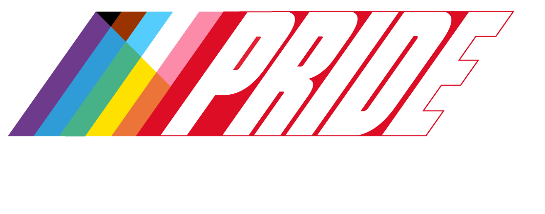 Logo with diagonal rainbow stripes and the words "PRIDE PLEDGE" in bold white text.
