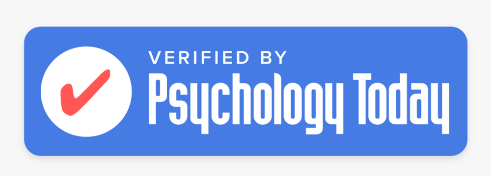 Verified badge with red checkmark and text 'Verified by Psychology Today' on a blue background.