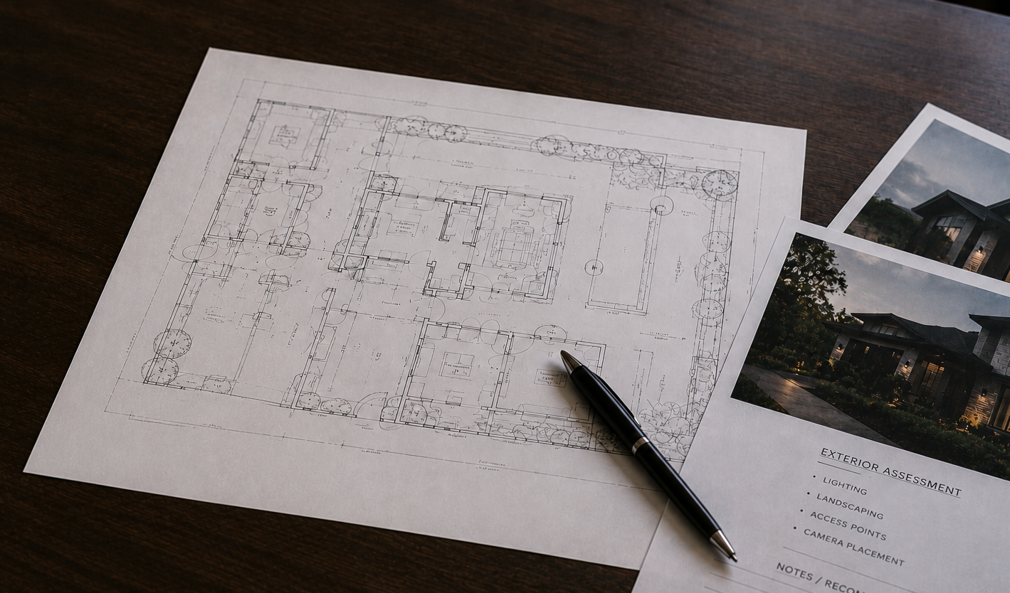 Architectural blueprint of a house on a wooden table with a pen. Two exterior assessment photos showing house lighting, landscaping, access points, and camera placement.