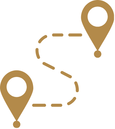 Two location markers connected by a dashed travel path.