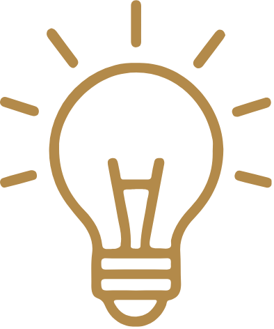 Illustration of a light bulb with rays of light around it in gold color.