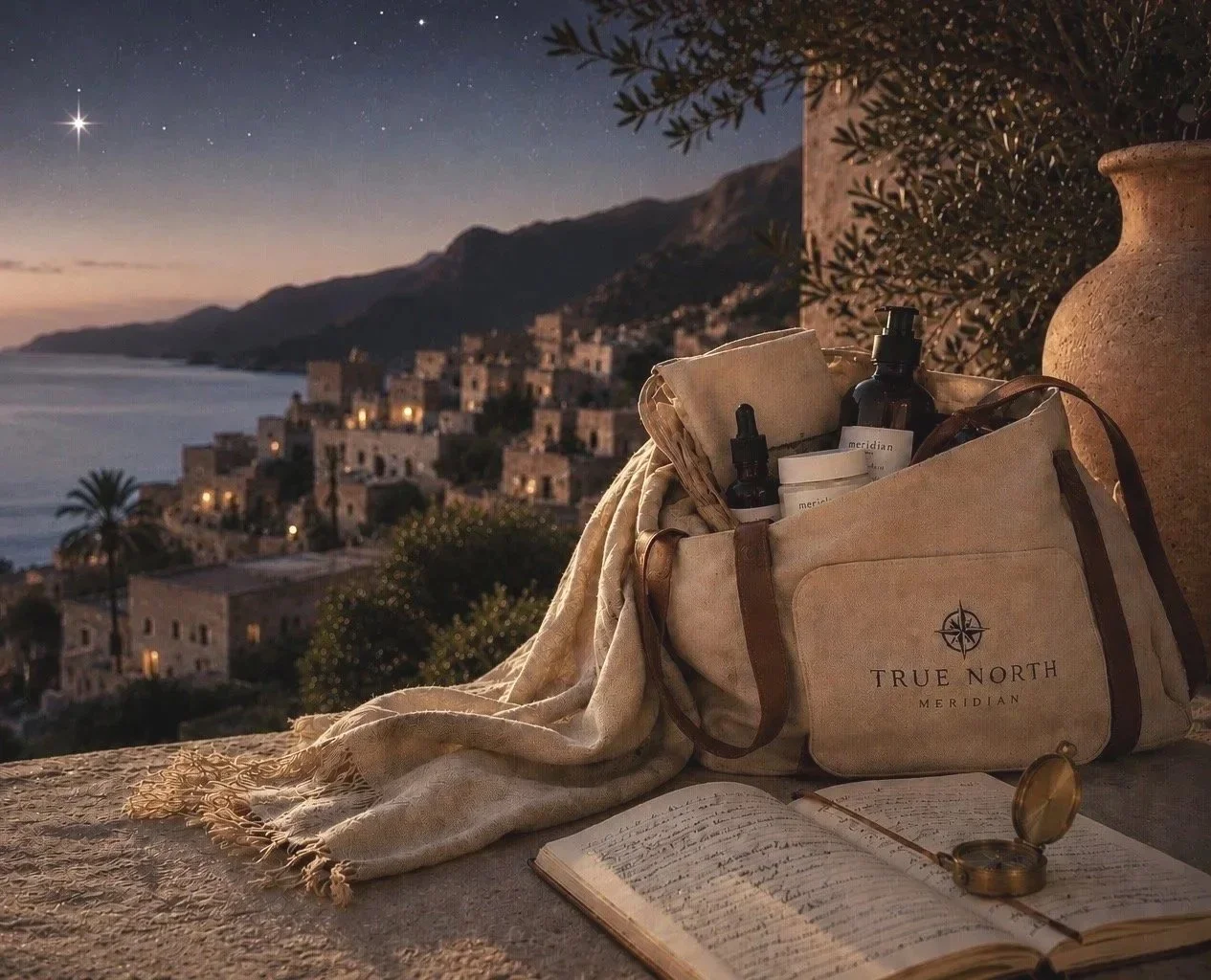 A bag labeled 'True North Meridian' containing skincare products, an open notebook, and a pocket watch, set on a ledge overlooking a coastal town at dusk.