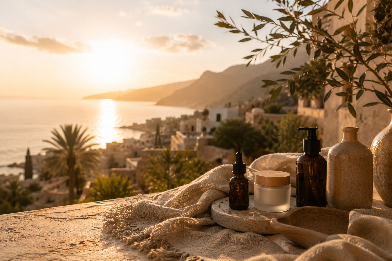 Skincare products on a wooden surface with a Mediterranean coastal landscape at sunset in the background, including a bottle with a dropper, a jar, and other bottles and vases.
