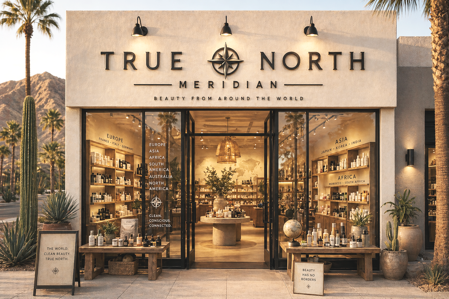 storefront of True North Meridian, a beauty store with large glass doors, shelves inside displaying beauty products from various regions, desert landscape outside, palm trees, and decorative signs at the entrance.