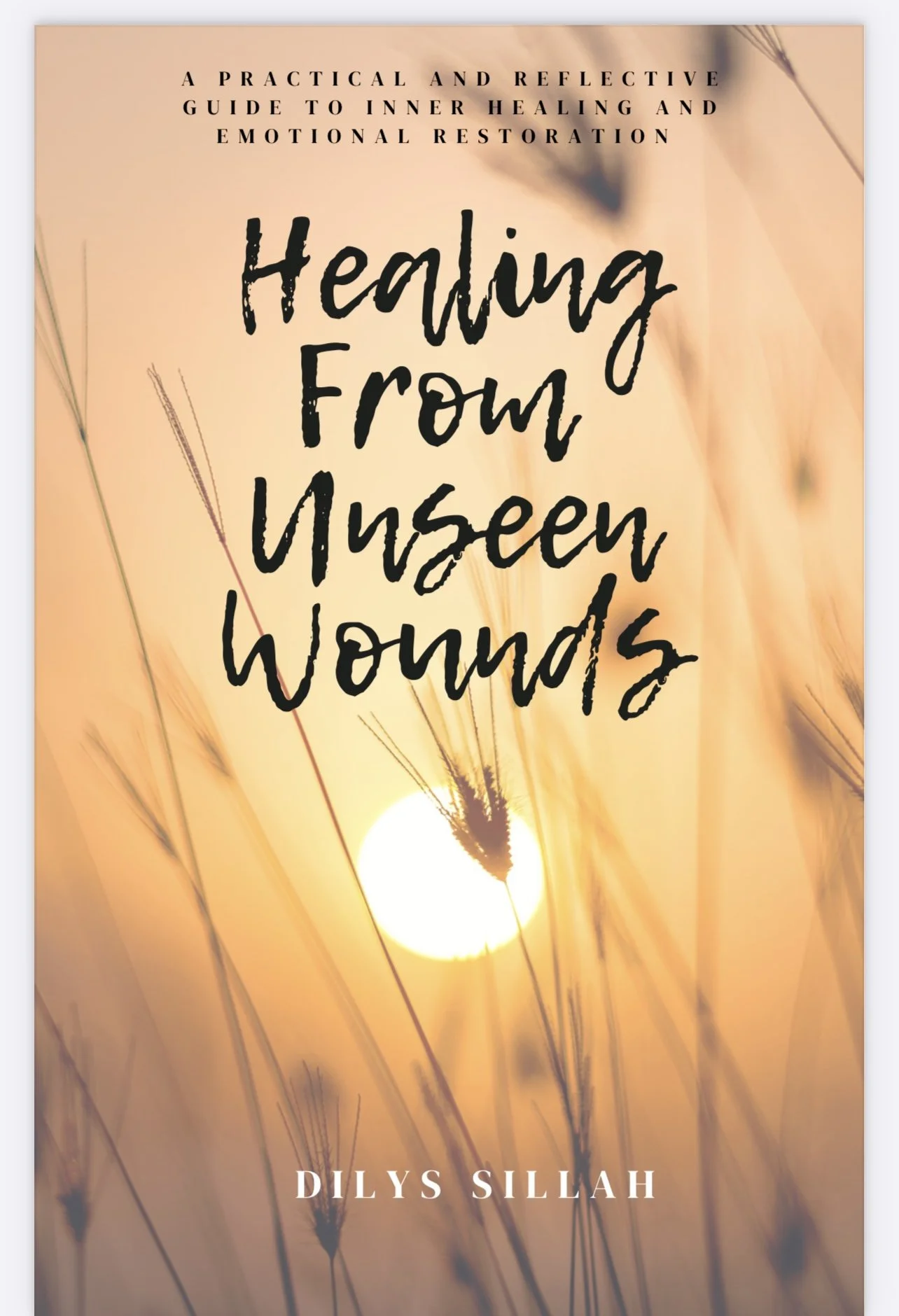 Book cover with a sunset or sunrise background featuring grass silhouettes and the title 'Healing from Unseen Wounds' by Dily Sillah.