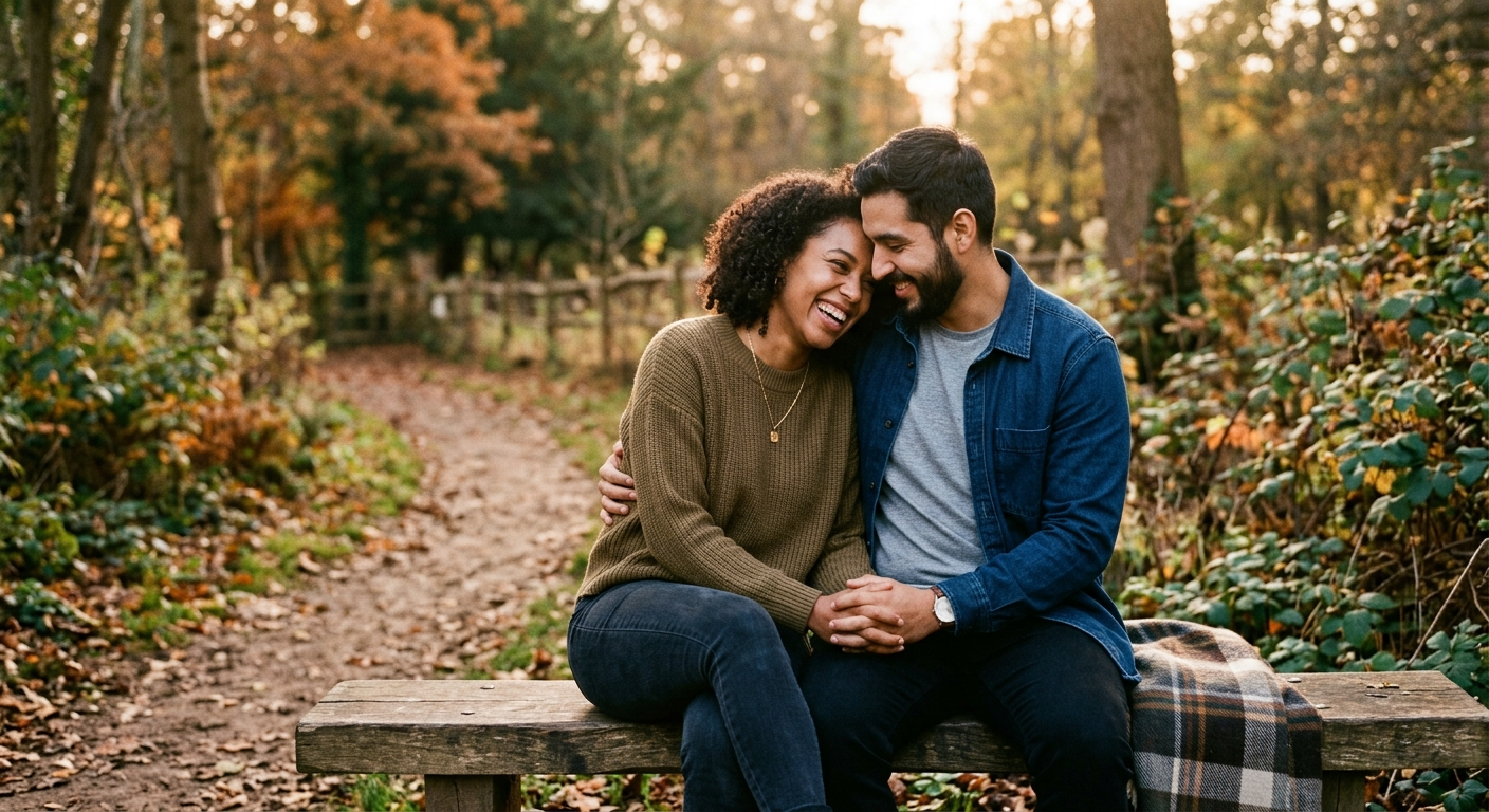 A smiling couple sitting on a wooden bench in a forest during autumn, holding hands and leaning their heads together, with fall foliage in the background.