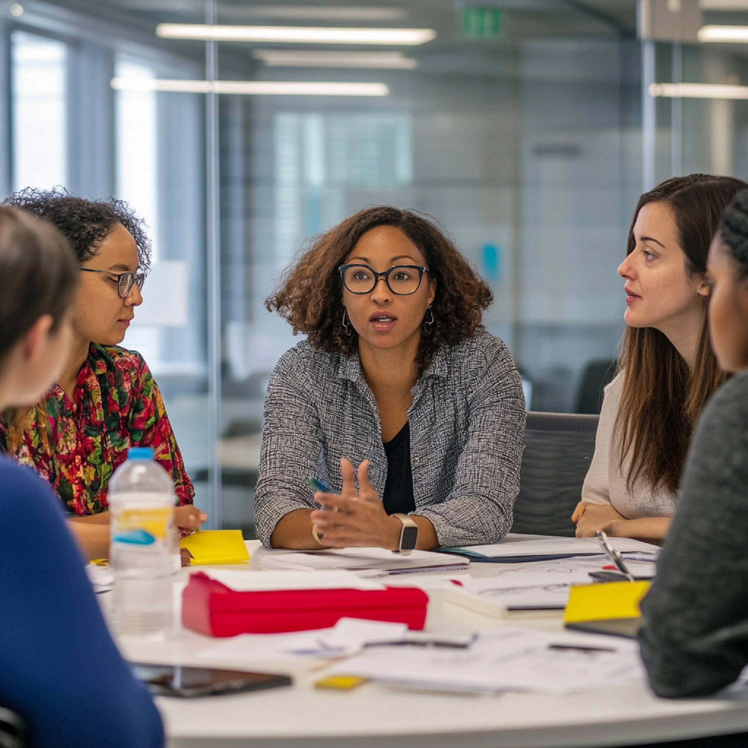 A group of women engaged in a discussion in a modern office setting, viewed through a glass partition with colorful sticky notes or papers on a table in the foreground.