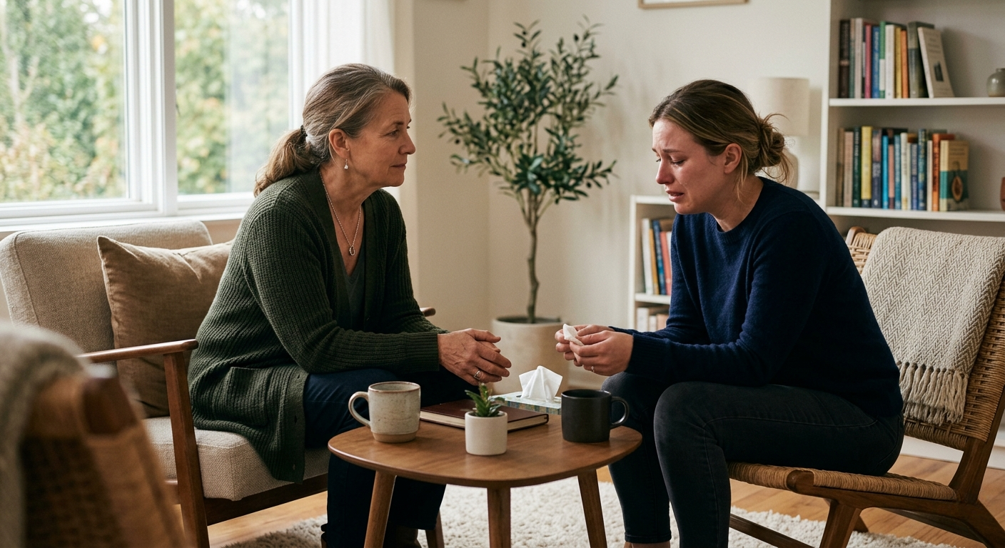 Two women sitting in a living room, one comforting the other who is crying, with a small table and a bookshelf in the background.