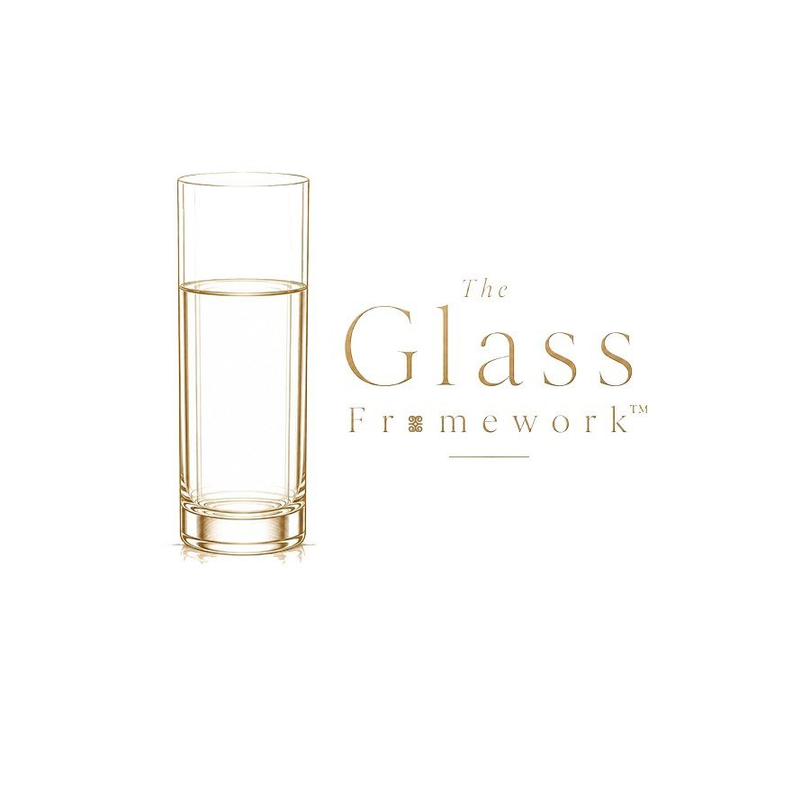 Minimalist graphic of a tall glass filled with water next to elegant text reading 'The Glass Framework' on a white background.