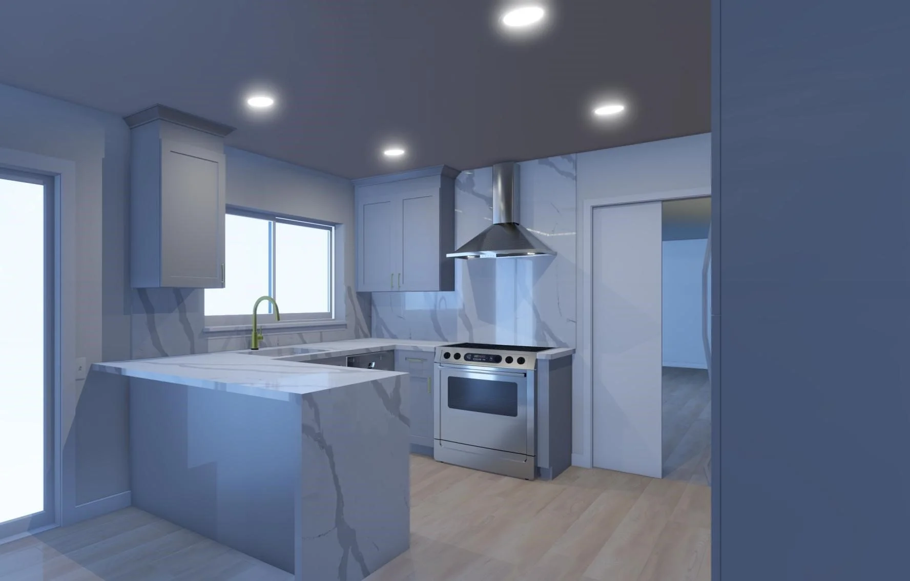 Modern kitchen with white marble countertops, grey cabinets, stainless steel stove, and a range hood. There is a window above the sink and a glass door on the left.