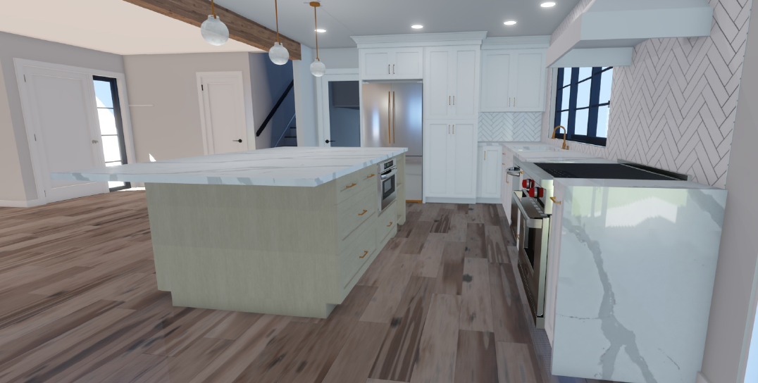Modern kitchen with white cabinets, stainless steel appliances, a marble island, wood flooring, and large windows.