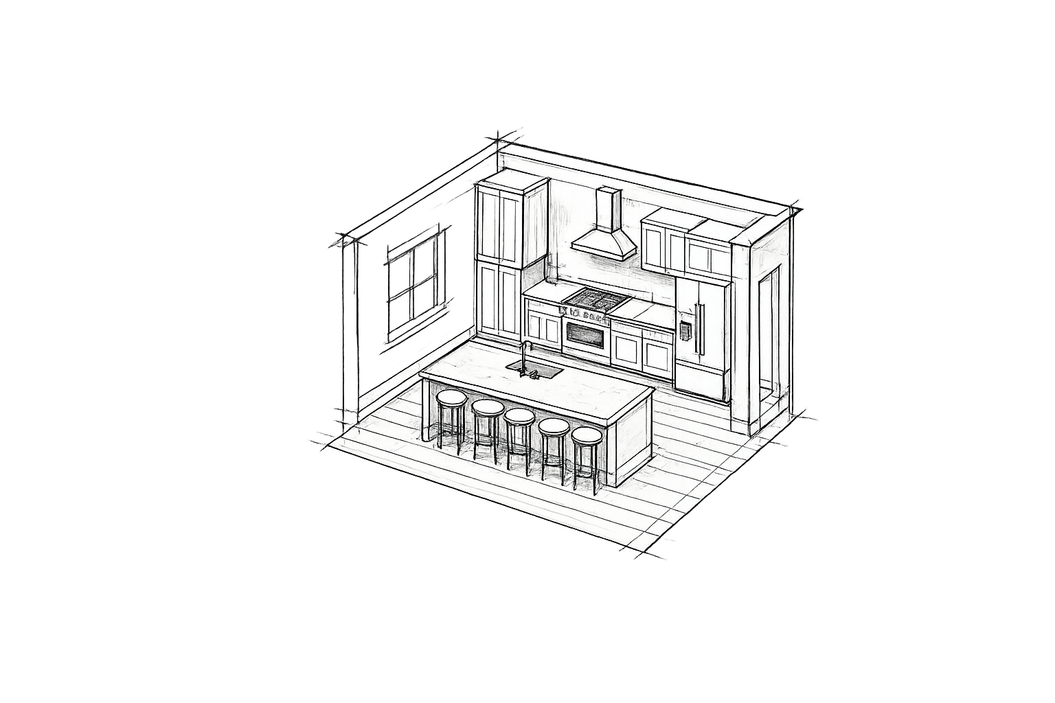 Black and white sketch of a modern kitchen design with an island, four bar stools, cabinetry, a range hood, oven, refrigerator, and a window.