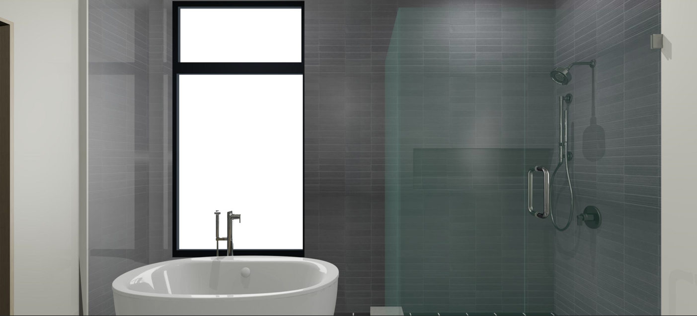 Modern bathroom with a freestanding bathtub and a walk-in shower separated by a glass door, large window with black frame, gray tile walls, and minimalist fixtures.