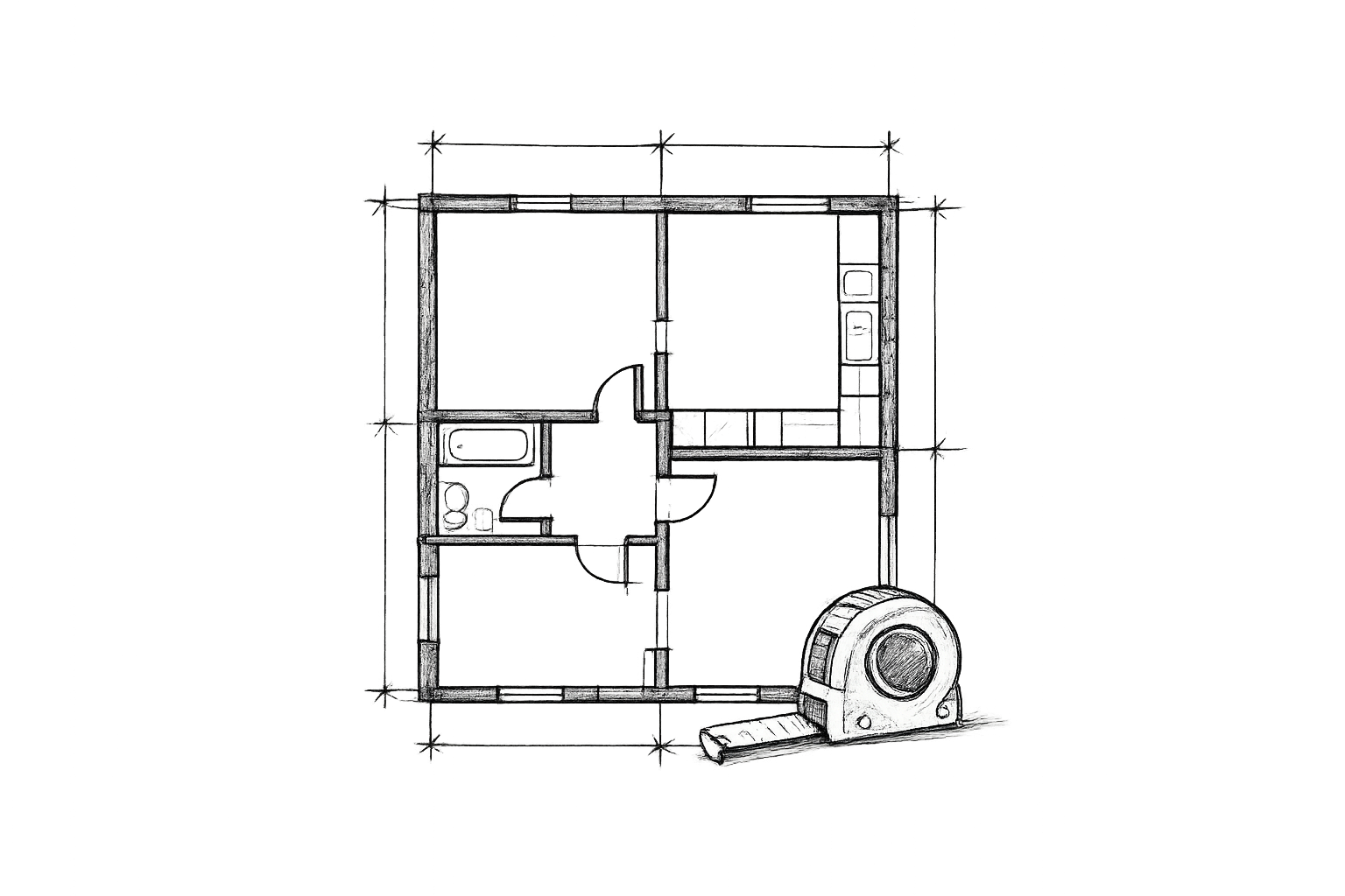 Black-and-white architectural blueprint with a tape measure in the foreground, showing a floor plan of a house or building.