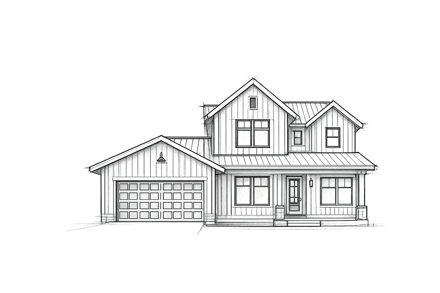 Black and white architectural drawing of a two-story house with a garage on the left, featuring a front porch, multiple windows, and a sloped roof.