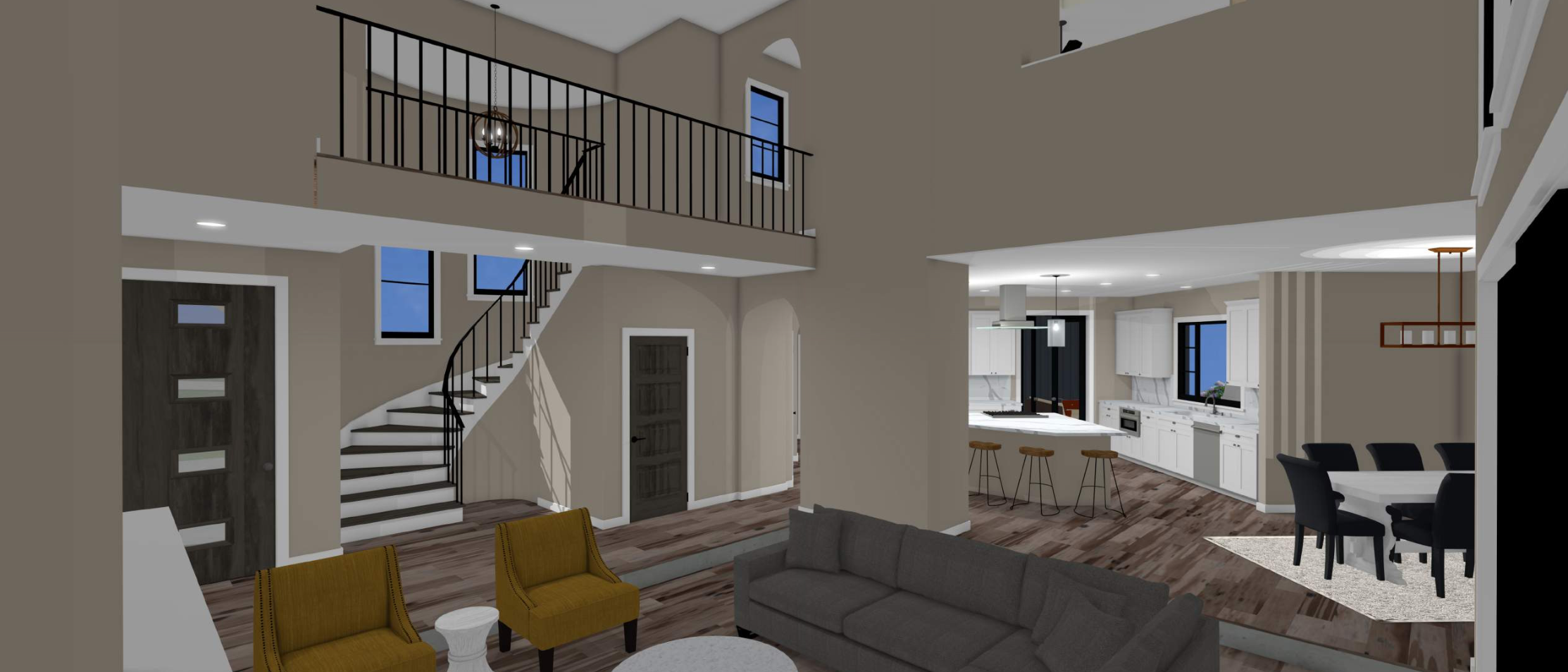 Interior view of a modern, spacious home with a high ceiling, staircase, kitchen with white cabinets, and dining area. The living room features a gray sofa and yellow chairs.