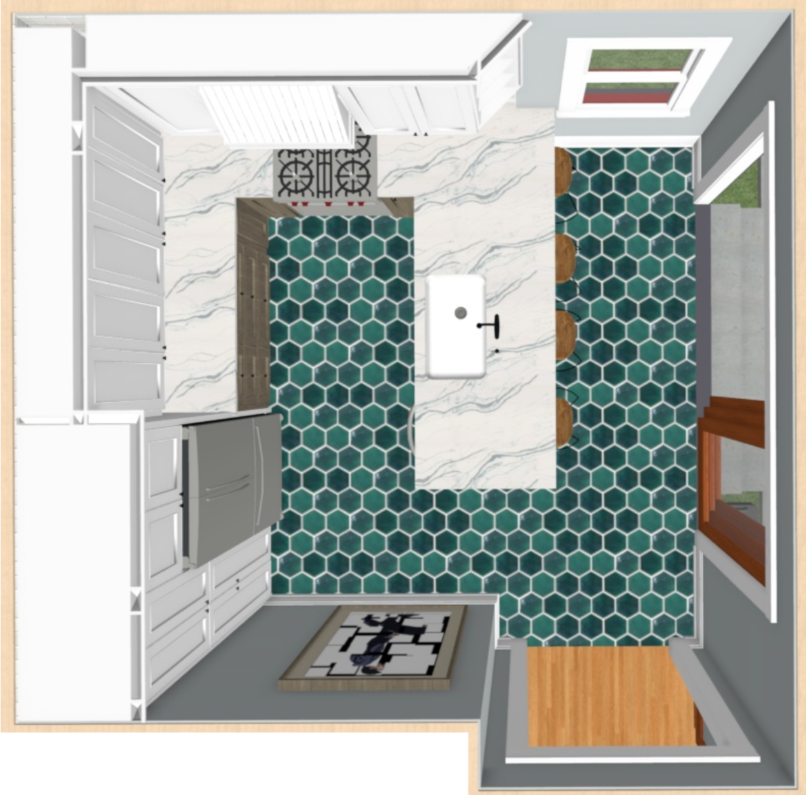 Top view of a modern kitchen with white cabinets, teal hexagonal tile flooring, a central white island with a sink, a small dining area with a round table and three barstools, a stove at the top, and a window on the right side.