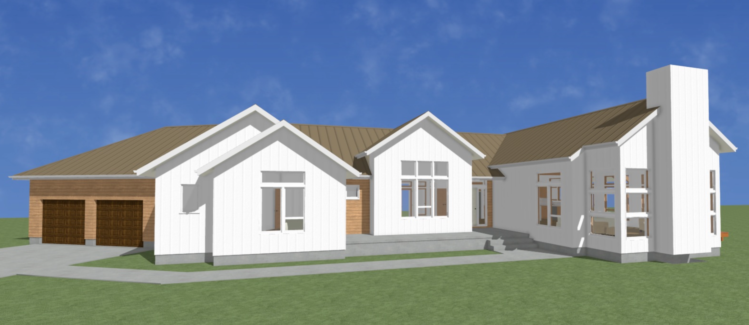 Drawing of a modern house with white exterior walls, brown metal roof, large windows, a two-car garage, and steps leading to the entrance on a grassy lawn with a blue sky background.