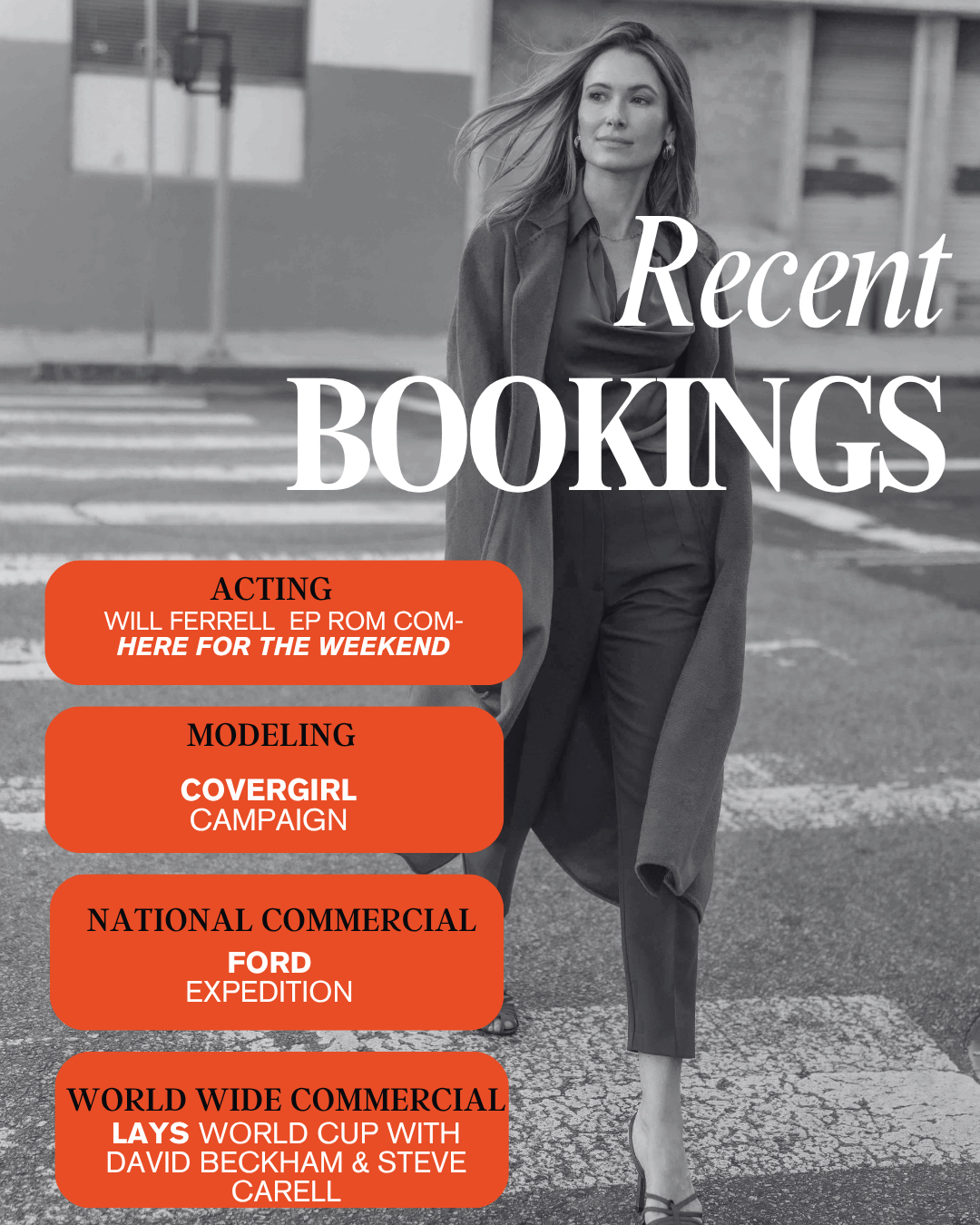 A woman walking on a city street, with the text "Recent Bookings" overlayed, and four orange boxes listing acting, modeling, national commercial, and worldwide commercial bookings.