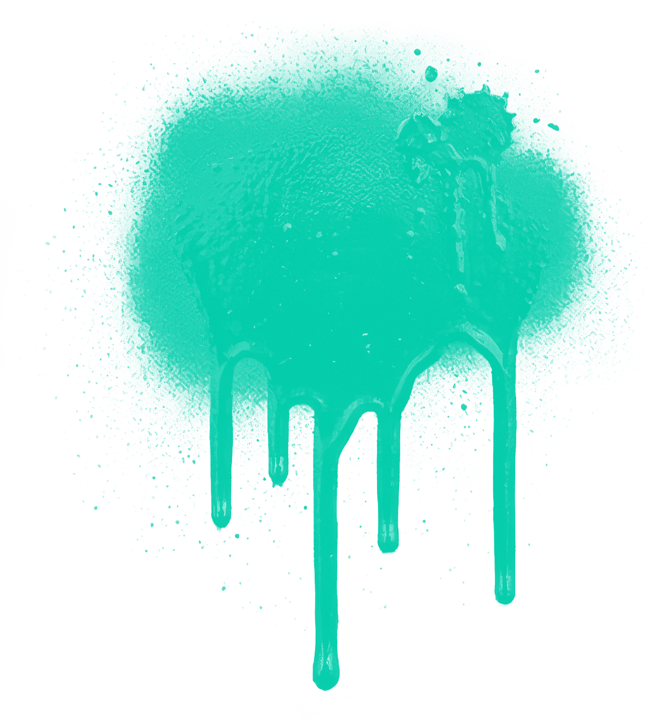 Digital artwork of a human skull in teal with dripping paint effect on a black background.