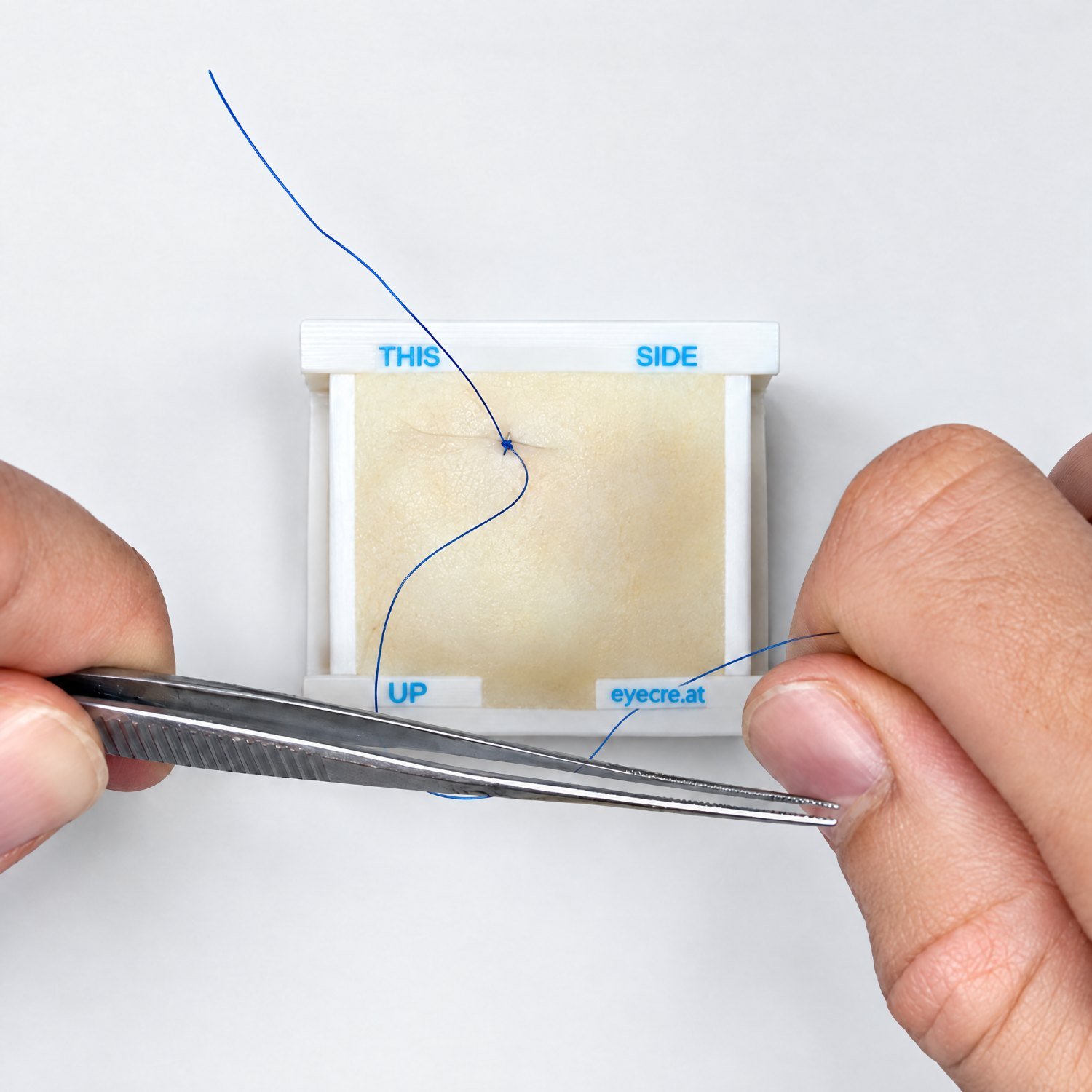 Needle holder and forceps passing a blue absorbable suture through the mobile conjunctiva layer of the Pad 4 ConjSuturing during training. Artificial training model, no patient.