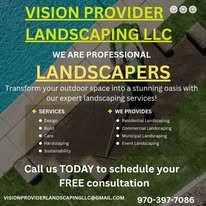 Landscape company advertisement with green and yellow text highlighting services and contact information.