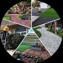 Collage of six outdoor spaces featuring trees, grass, pathways, and landscaping.