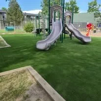 Playground with two gray slides on a grassy lawn, surrounded by trees and a playground structure in the background.