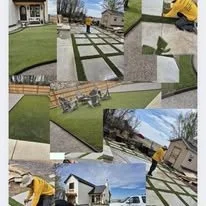 Collage of various outdoor construction and landscaping projects, including concrete paving, stone pathways, and yard work.