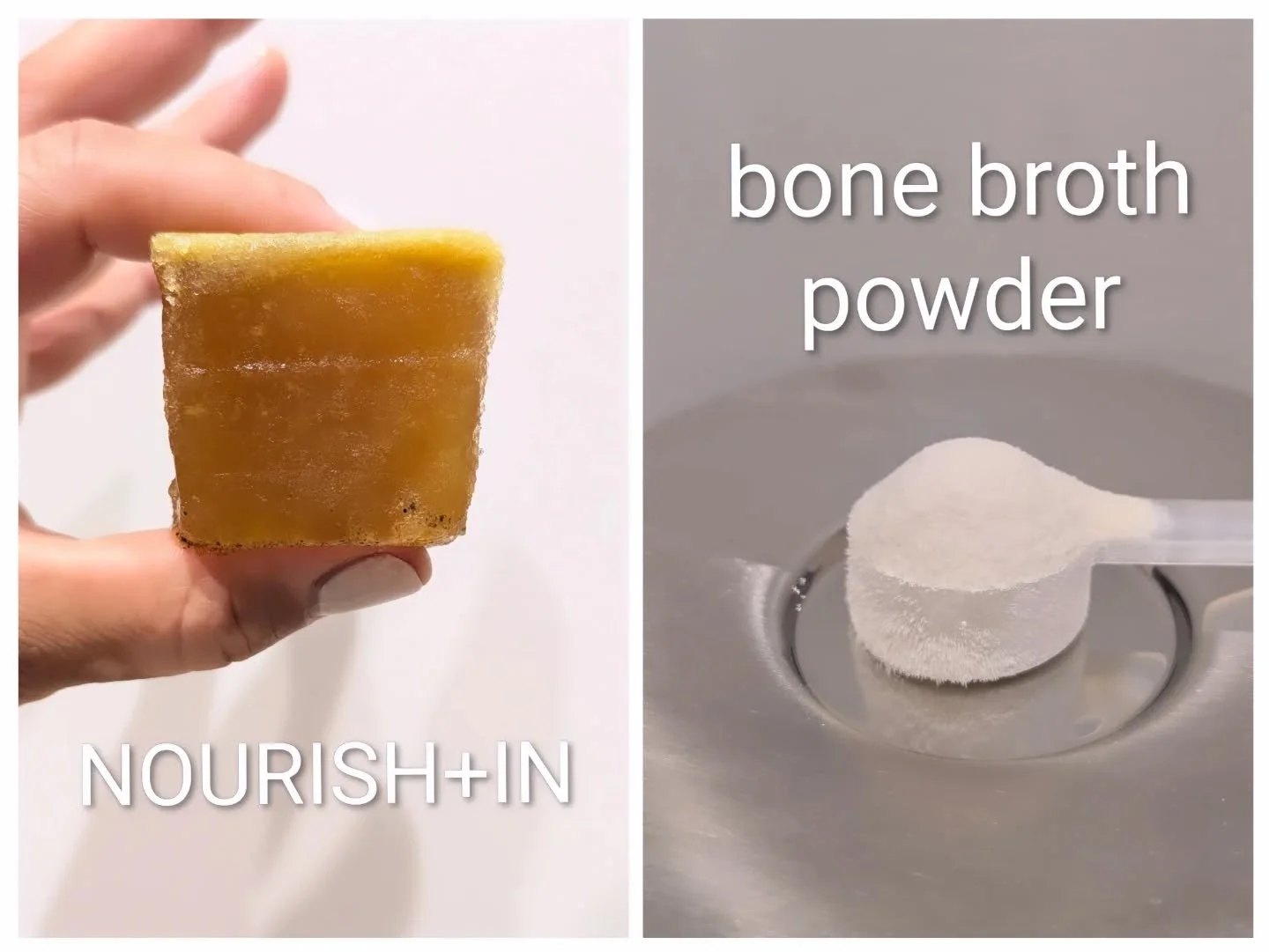 Left photo:
 Defrosted 80 gram functional broth cube 
(Holding its shape due to a dense, natural 24 hour collagen extraction) 🥇 

Ingredients are:
Chicken feet 
Chicken thigh bones 
Carrots, onions, celery, bay leaves, peppercorn 
Apple cider vinega