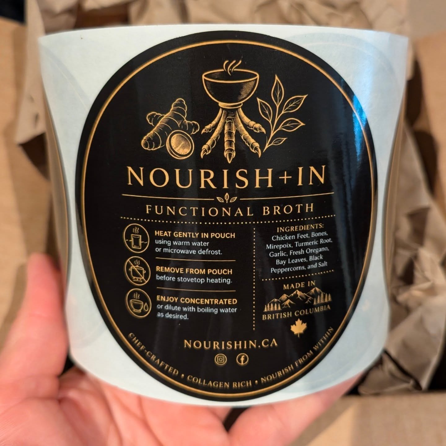A milestone for NOURISH+IN today, and how great it feels  to be holding my branding labels in my hands.🥹

 What once was an idea taken from my years as a chef, and passion for creating nourishing broths, is now becoming reality for me. This is a sma