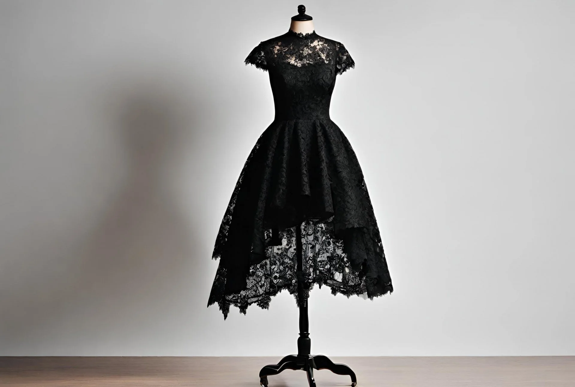 A black lace dress on a mannequin against a plain light gray background.