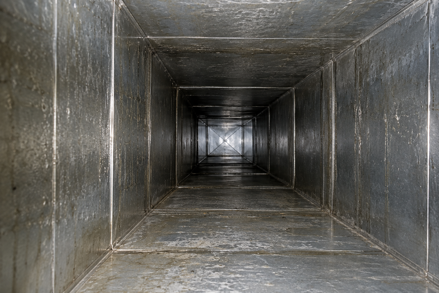 Inside view of a large metallic industrial ventilation or exhaust duct, showing the rectangular shape and metal panels.