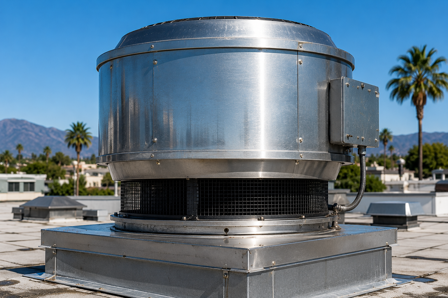Metal rooftop exhaust or vent with a mesh-covered opening beneath a large metal hood, with palm trees and mountains in the background under a clear blue sky.