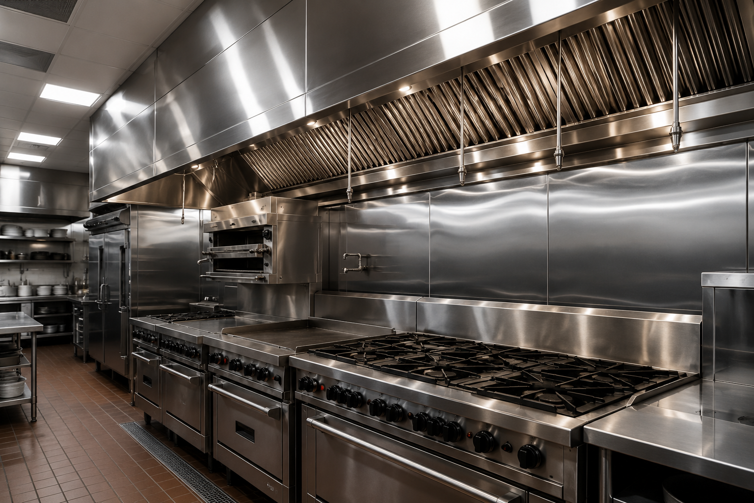 Industrial stainless steel commercial kitchen with stoves, oven, and ventilation hood.