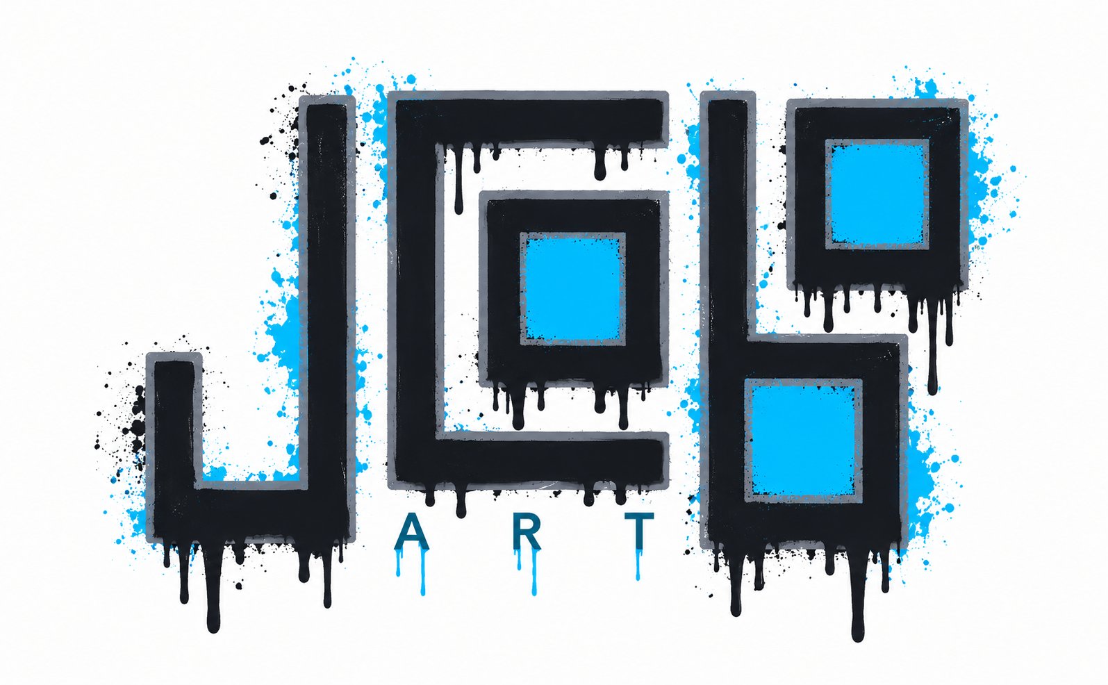 Graffiti-style art spelling 'JCOBO' with black spray paint and blue paint splashes, with the word 'ART' written below.