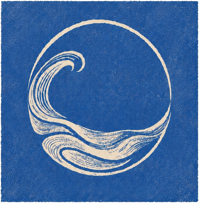 Blue stamp with an abstract and circular wave design