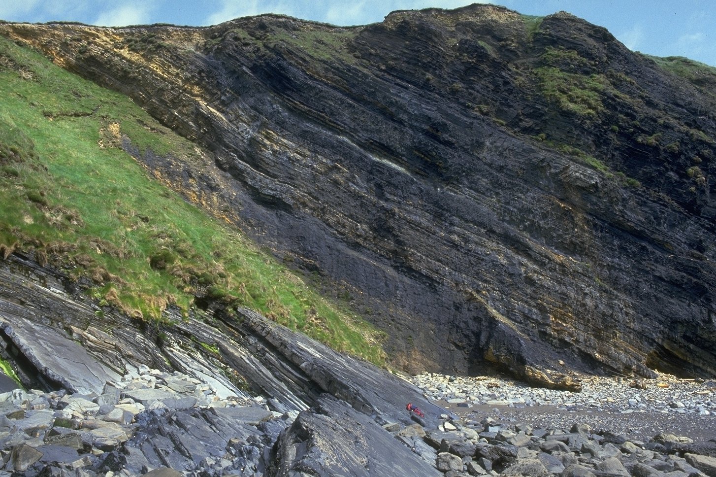 The deepwater Clare Shales source rock exposed at Ballybunion, Co. Kerry. It sits conformably above the Carboniferous Limestone, which was deposited in a ramp/slope setting.