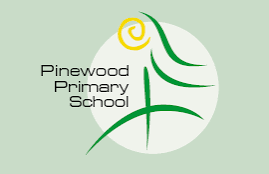 Logo for Pinewood Primary School with green and yellow design elements