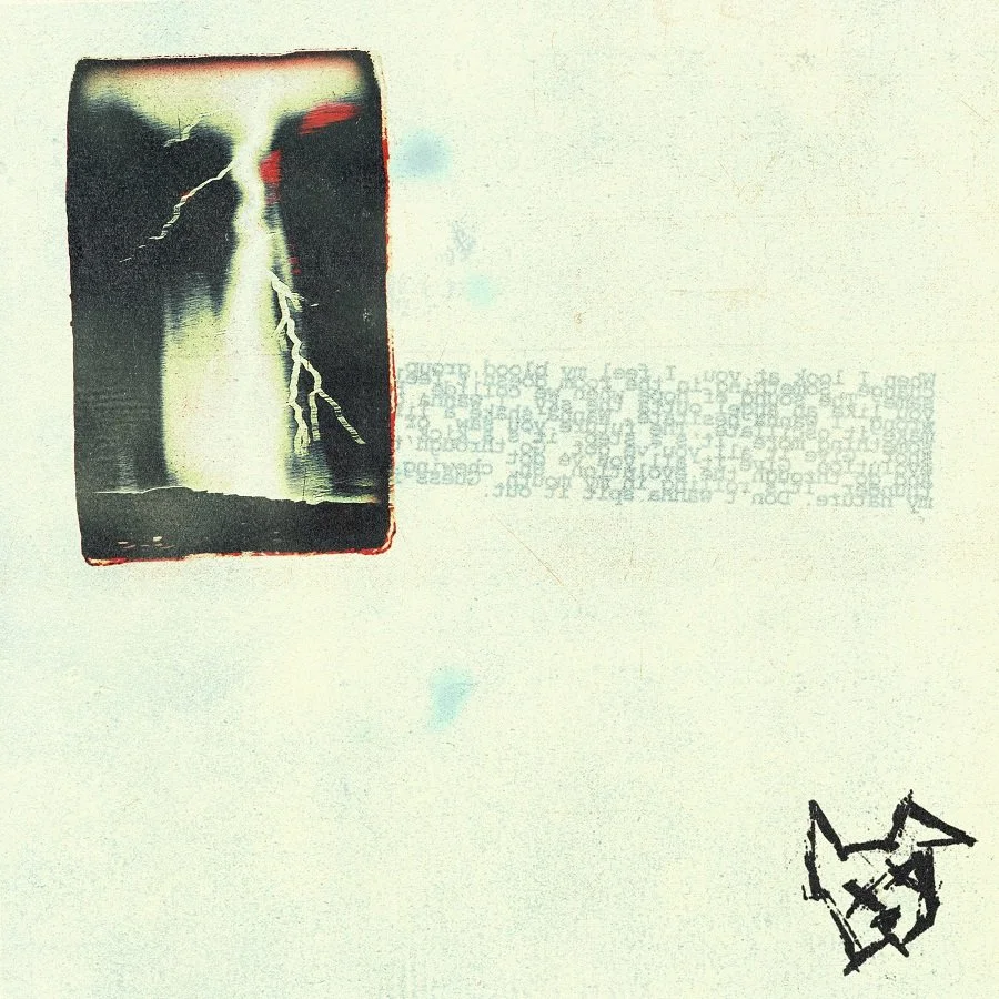 Abstract artwork with a vertical black and white striped rectangle, some red accents, and a black swastika symbol in the bottom right corner.