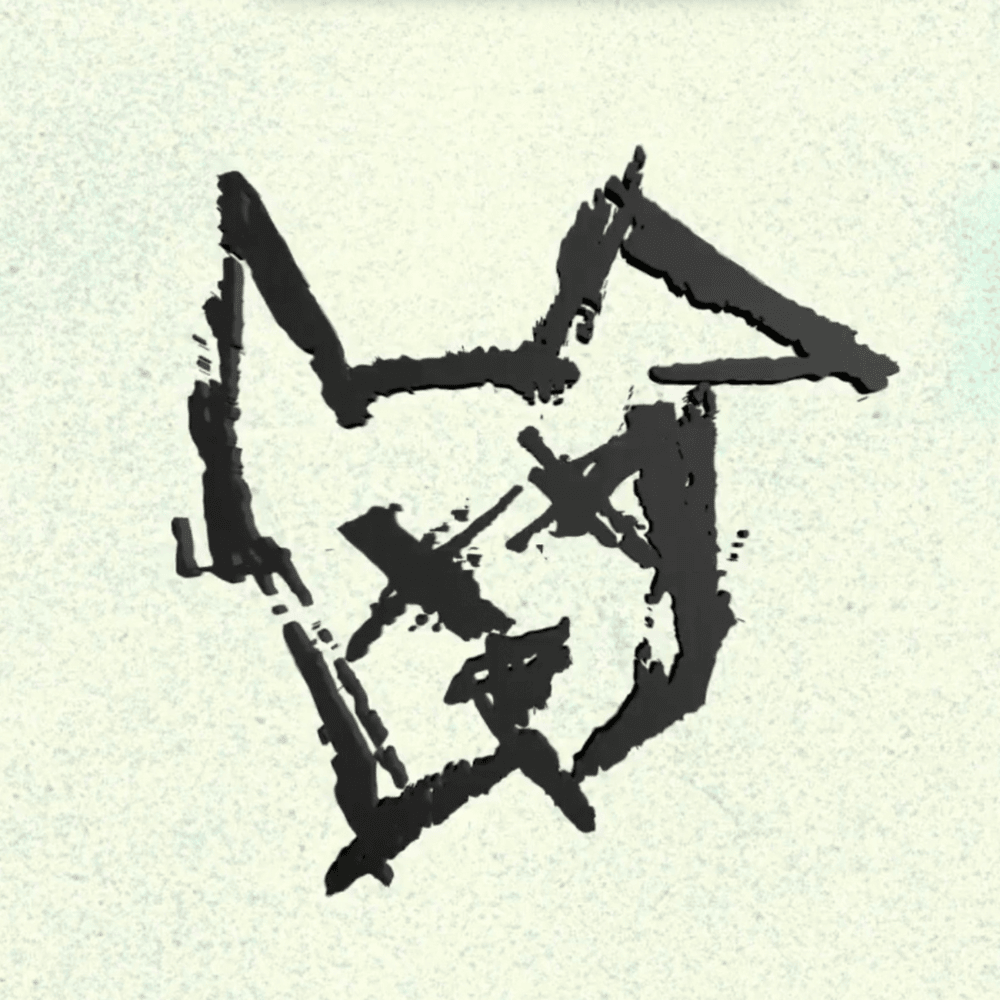 Abstract black ink sketch of a star on a light textured background.