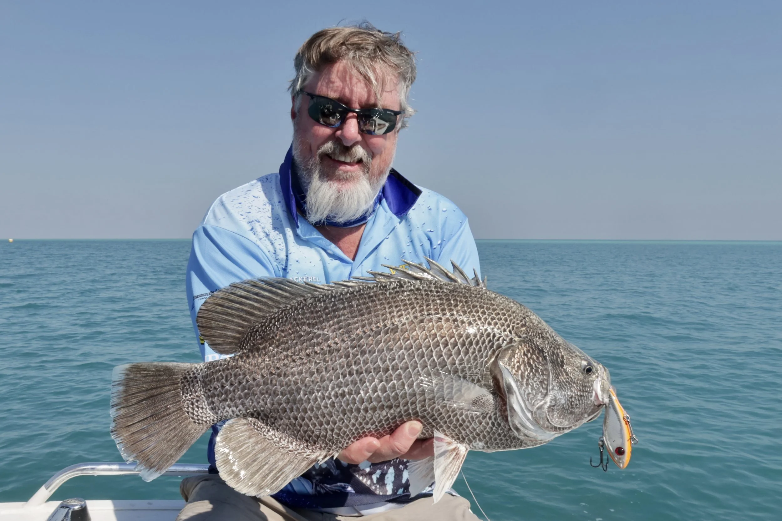 Close up photo of fisherman sitting in a boat holding up triple tail