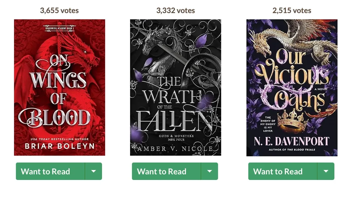 Three nominees of the Goodread's Choice Awards for Romantasy 