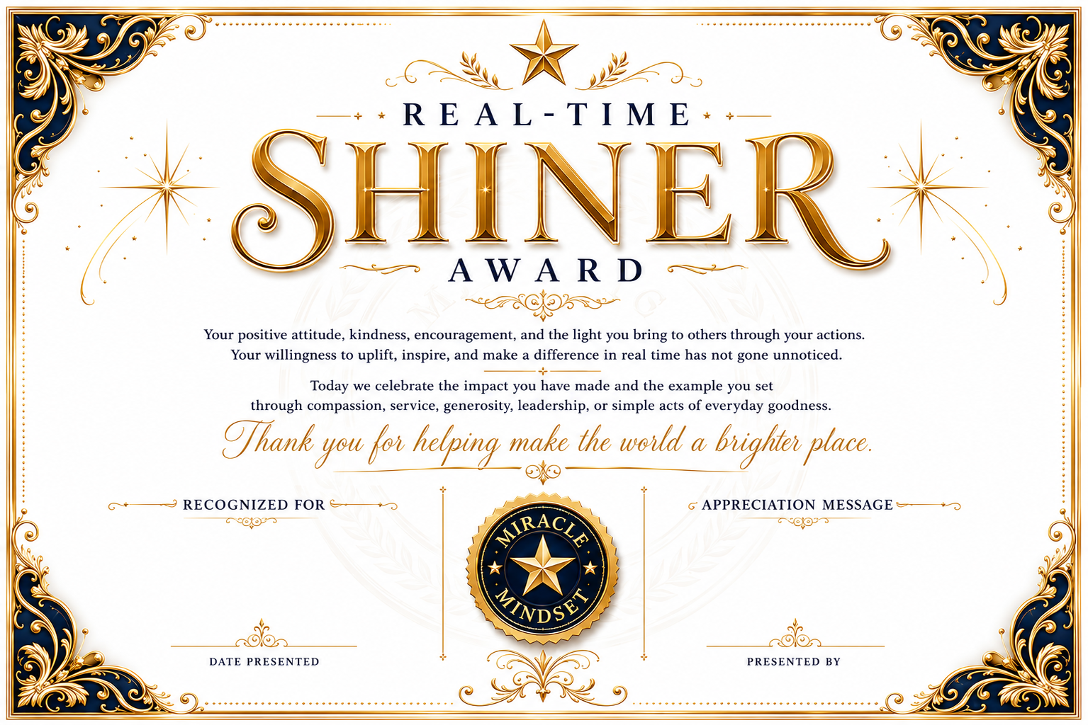 REAL-TIME SHINER  AWARD CERTIFICATE