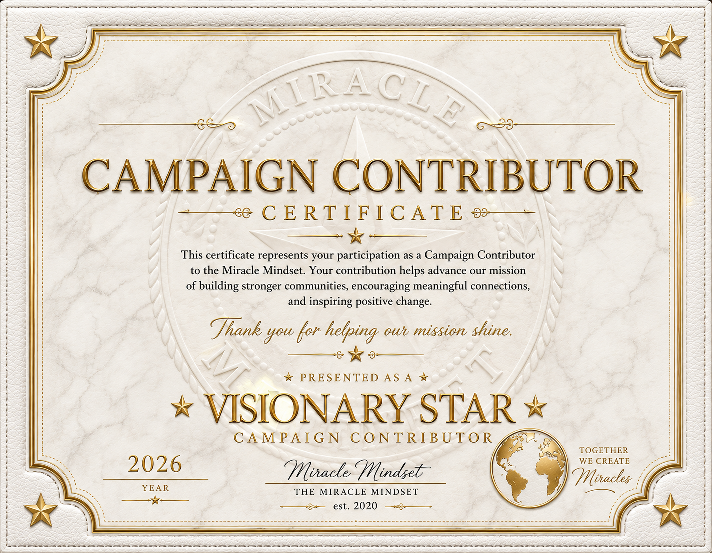 VISIONARY STAR CONTRIBUTION CERTIFICATE