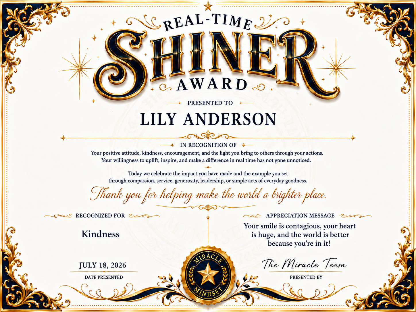 A certificate for the Real-Time Shiner Award presented to Lily Anderson, recognized for kindness and positive attitude, with decorative gold and black borders, stars, and a Miracles Mindset emblem at the bottom.