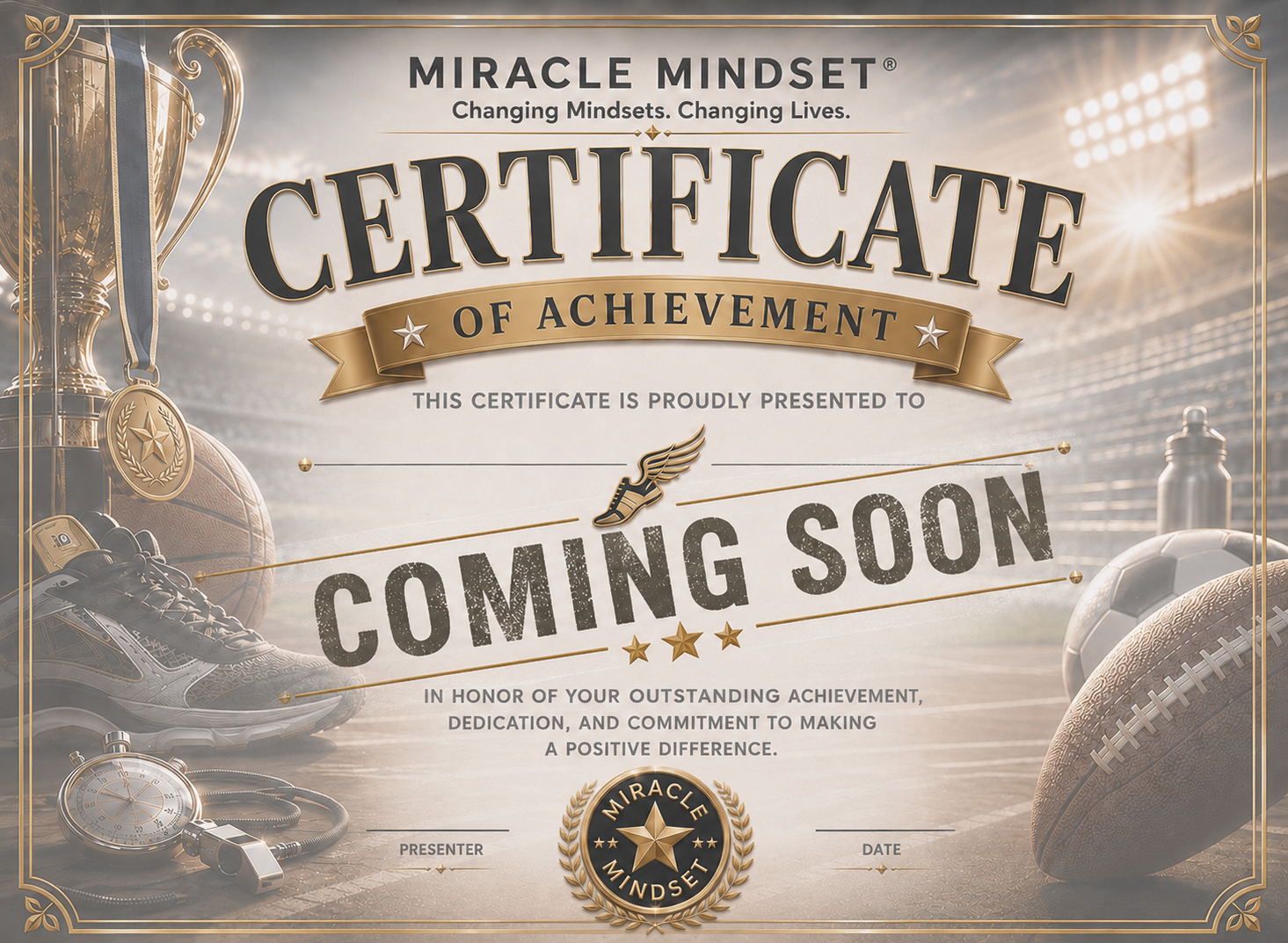 Certificate of achievement with sports equipment such as soccer ball, boxing glove, running shoe, water bottle, stopwatch, and water bottle in stadium background, featuring gold and black design elements.